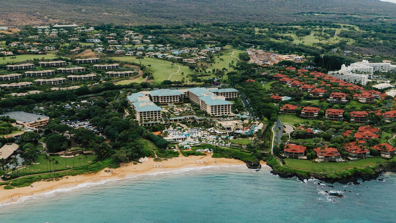 Scenic aerial of resort and coastline on Maui