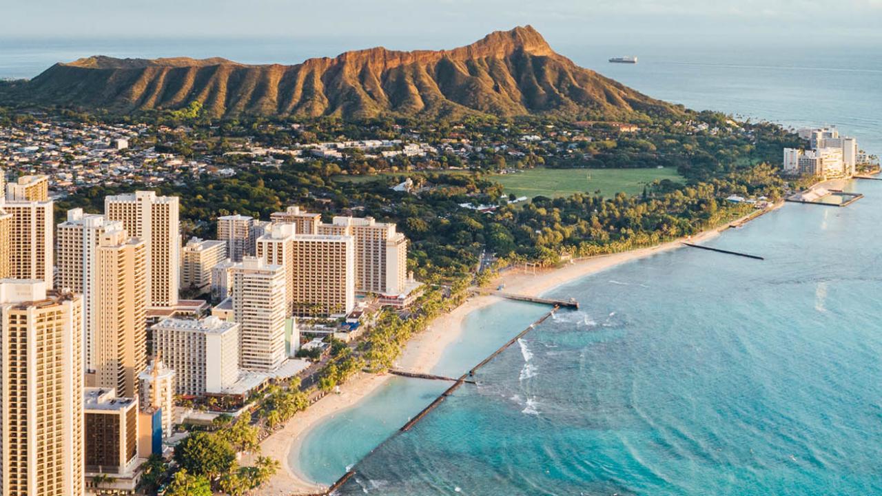 Aerial view of waikiki and diamond head on Oahu