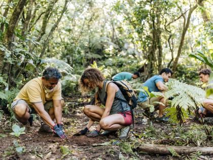 Hawaiian cultural practitioner and visitor tending to the soil