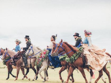 Alii on horseback pau unit at Aloha Festivals Island of Hawaii parade
