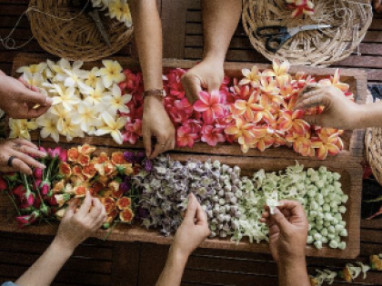 Several hands over a basket over colorful flowers