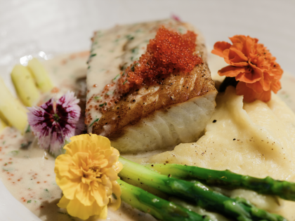 white fish with masago asparagus and whipped potatoes