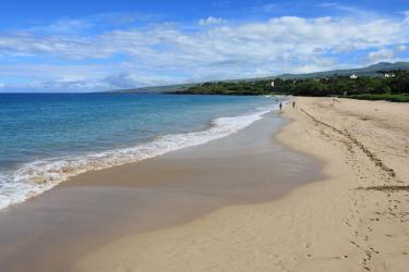 long stretch of beach with ocean on left and sand on right